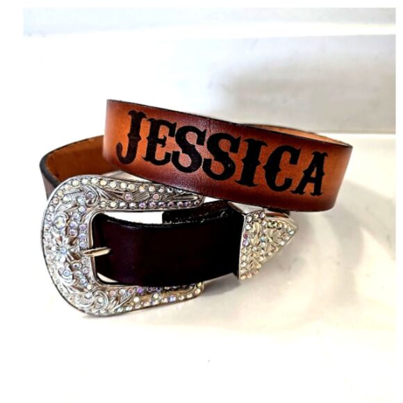 Leather Brown Belt Sz 38 Tooled Rhinestone Jessica Western Rodeo Country Cowgirl main image 4
